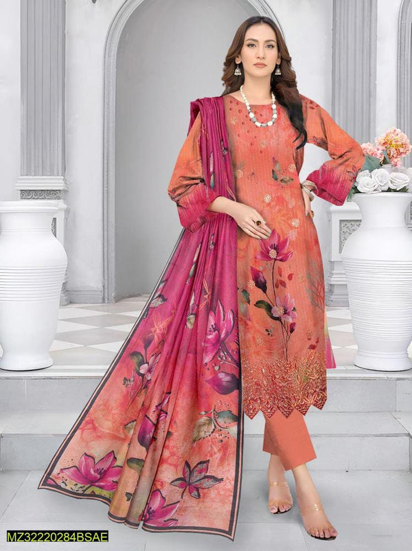 3 Pcs Women's Unstitched Lawn Printed Suit