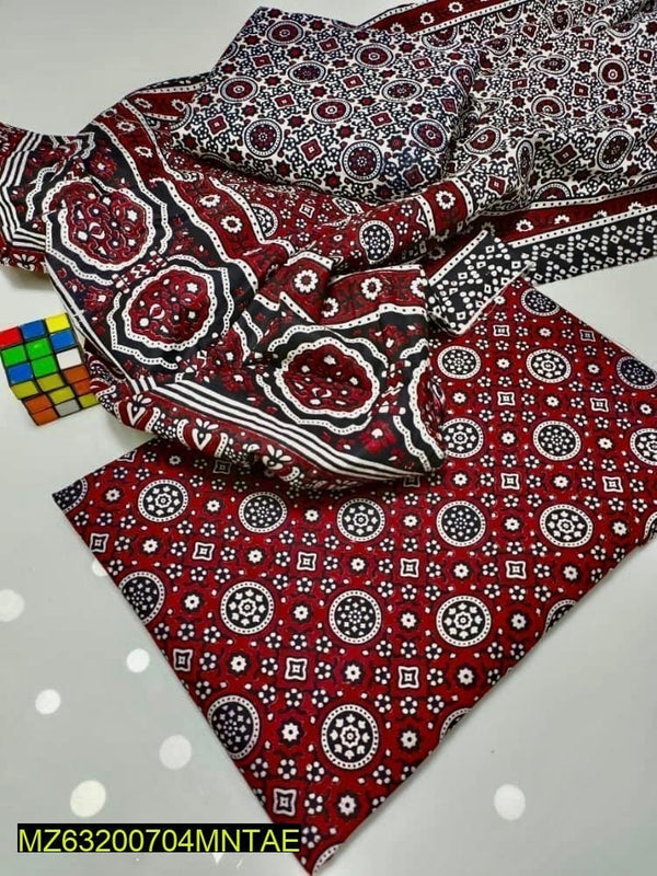 3 Pcs Women's Unstitched Cotton Ajrak Printed Suit